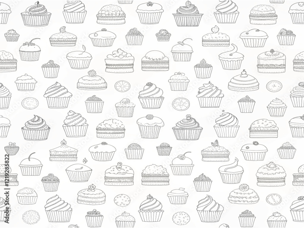 A collection of cupcakes with a white background with a pattern of cupcakes
A collection of cupcakes with a white background with a pattern of cupcakes
