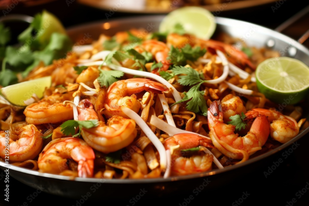 Delicious pad thai with shrimps and coriander, garnished with lime wedges, served in a pan, representing traditional thai cuisine Delicious pad thai with shrimps and coriander, garnished with lime wedges, served in a pan, representing traditional thai cuisine
