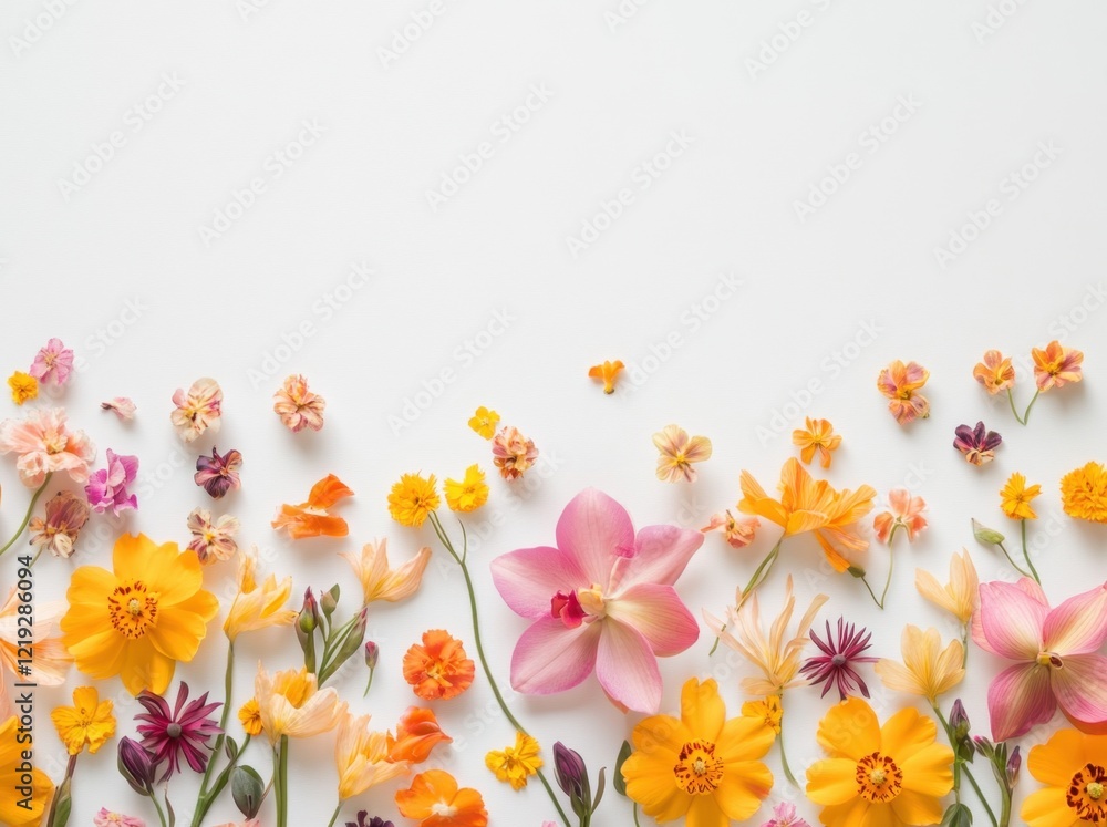 Obraz premium Beautiful, colorful flower border with Orchid on a white background, with space for text or design