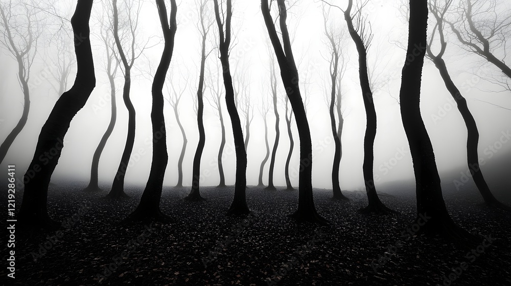 Naklejka premium Ethereal Mist-Shrouded Forest with Skeletal Bare Trees and Fallen Leaves in Moody Monochrome Landscape