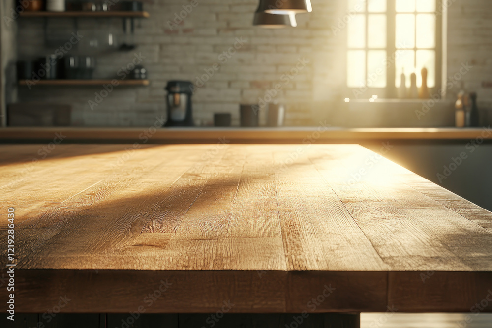 Empty, beautiful wooden tabletop counter in a clean and bright kitchen interior, ready for display. Empty, beautiful wooden tabletop counter in a clean and bright kitchen interior, ready for display.