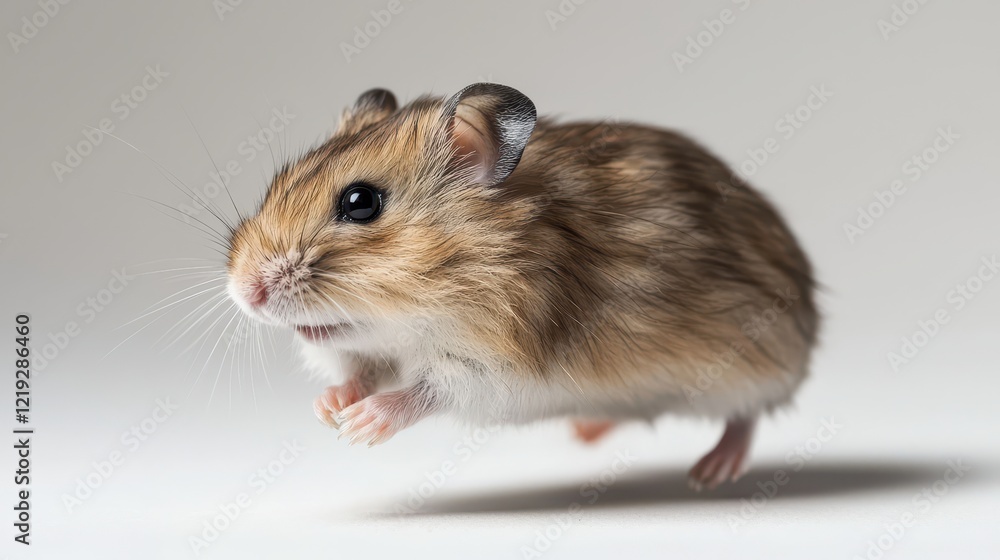 A small hamster running on a wheel, with its tiny paws visible, on a white background A small hamster running on a wheel, with its tiny paws visible, on a white background