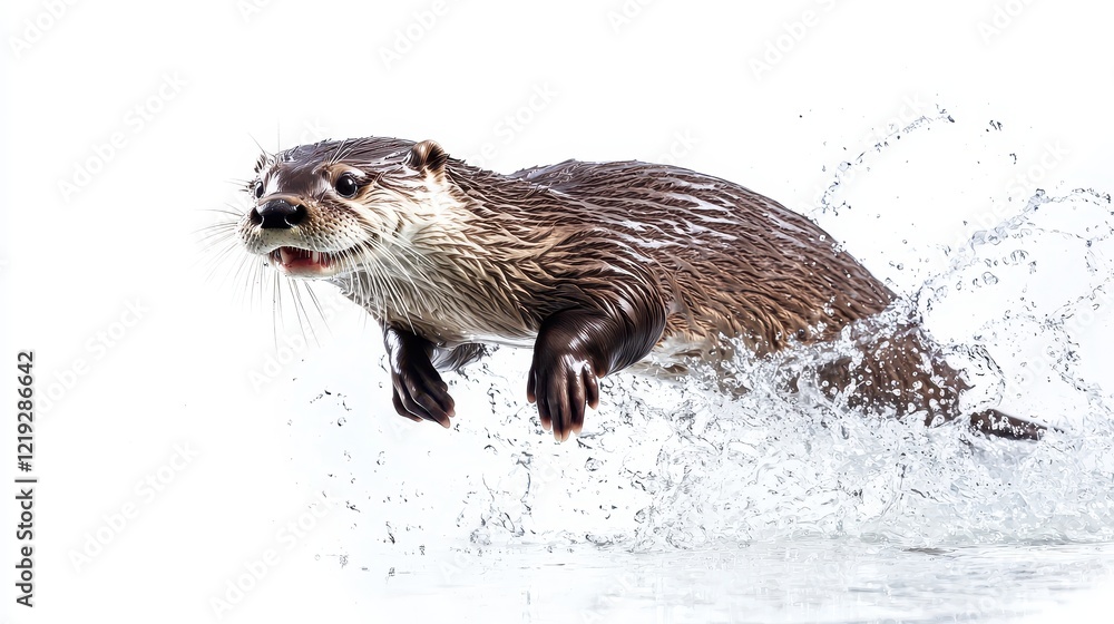 A playful otter diving into a river, creating splashes in the water, on a white isolated background A playful otter diving into a river, creating splashes in the water, on a white isolated background