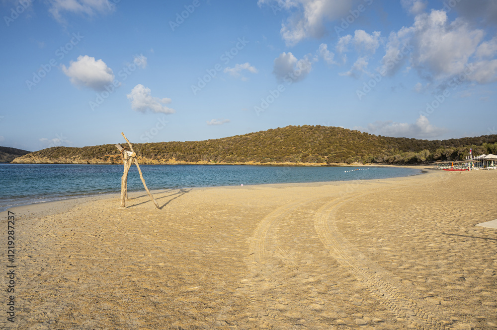 Aerial view of Tuerredda bay with the beach of fine sand and transparent blue and turquoise water