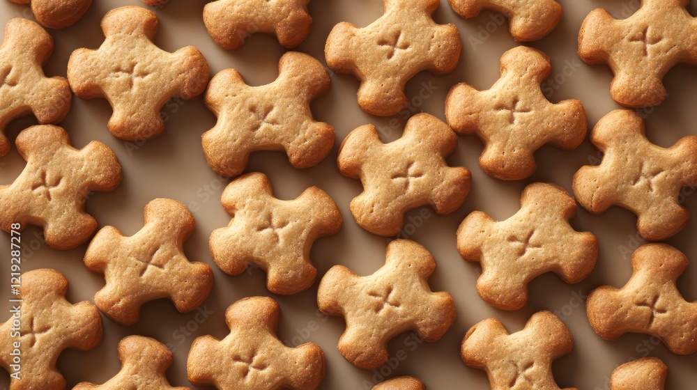 Close-up view of numerous small, uniformly-shaped, golden-brown crackers arranged in a neat pattern on a light brown surface. Close-up view of numerous small, uniformly-shaped, golden-brown crackers arranged in a neat pattern on a light brown surface.
