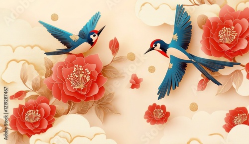 Fototapeta Naklejka Na Ścianę i Meble -  Two birds flying amidst paper-cut peonies and clouds.