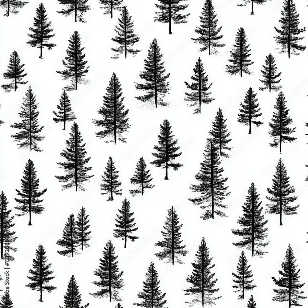 Black and white pattern featuring tall pine trees in nature Black and white pattern featuring tall pine trees in nature