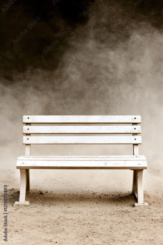 desolate park bench sits alone in dusty environment, evoking sense of solitude and abandonment desolate park bench sits alone in dusty environment, evoking sense of solitude and abandonment