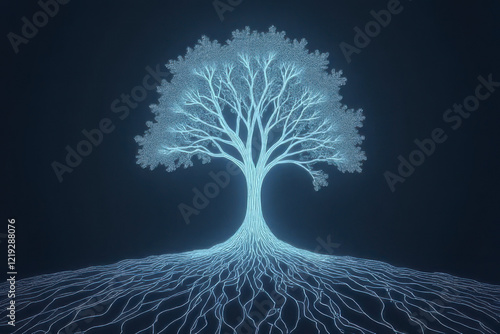 glowing tree with intricate roots, symbolizing growth and connection