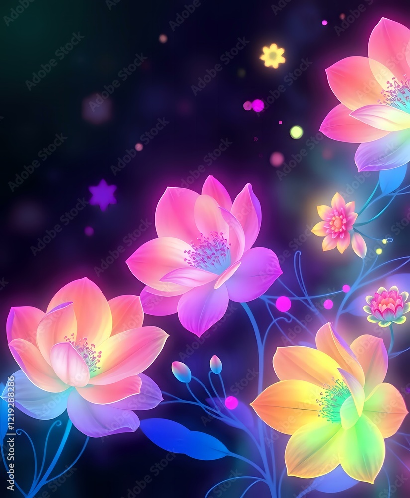 Fototapeta premium Vibrant Watercolor Floral Pattern on Dark Blue Background