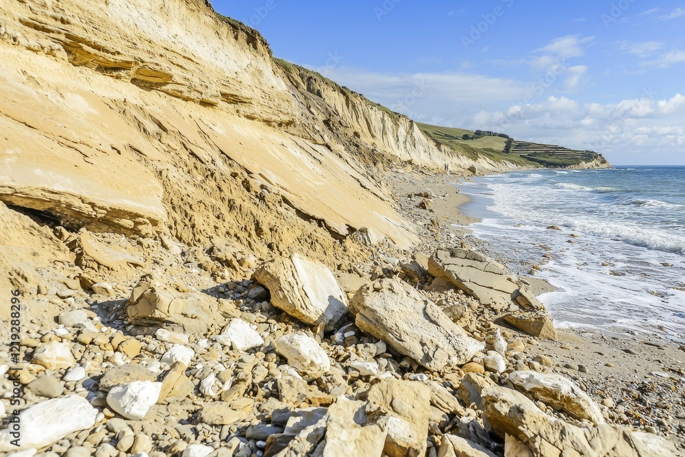 A coastal erosion scene, with cliffs crumbling into the sea due to relentless waves and erosion. A coastal erosion scene, with cliffs crumbling into the sea due to relentless waves and erosion.