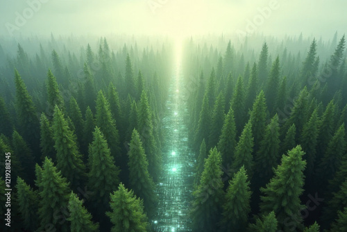 serene forest landscape with glowing path through tall trees, evoking sense of mystery and tranquility