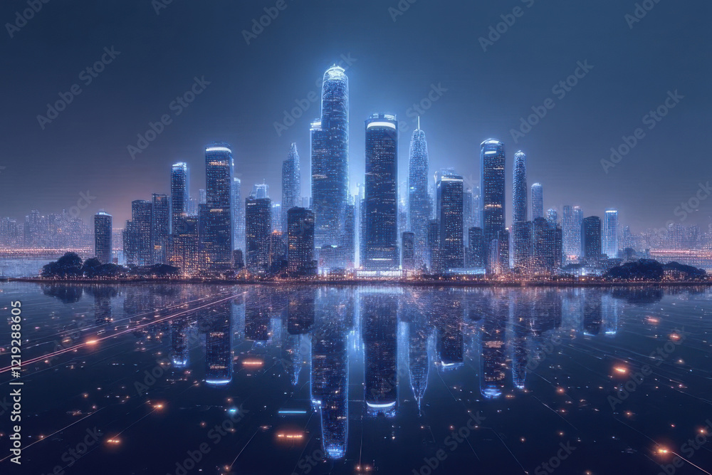 Obraz premium futuristic city skyline with illuminated skyscrapers reflecting on water