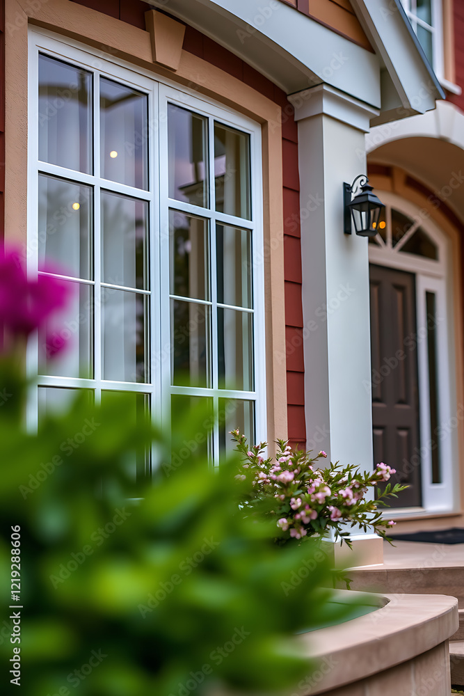 Charming Home Exterior: Red Brick House with White Windows and Lush Greenery