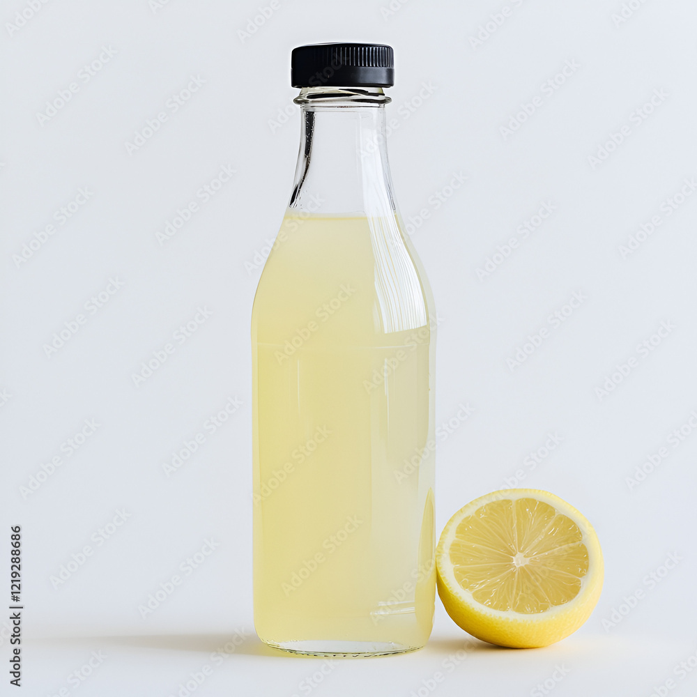 Refreshing lemon juice in a glass bottle, next to a lemon slice. Perfect for summer! Refreshing lemon juice in a glass bottle, next to a lemon slice. Perfect for summer!