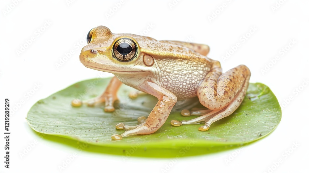 Fototapeta premium A small frog perched on a lily pad in a calm pond, with its large eyes staring forward, on a white isolated background