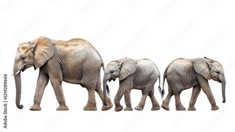 Fototapeta premium A family of elephants walking together across the African savannah, with the sun setting in the background, on a white isolated background