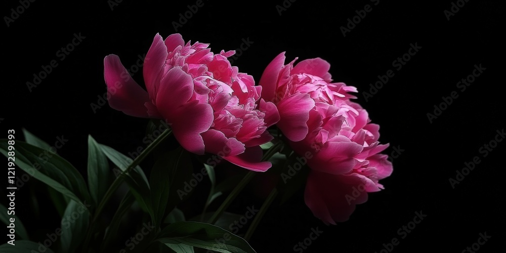 Blooming peonies with dark background creating striking contrast Blooming peonies with dark background creating striking contrast