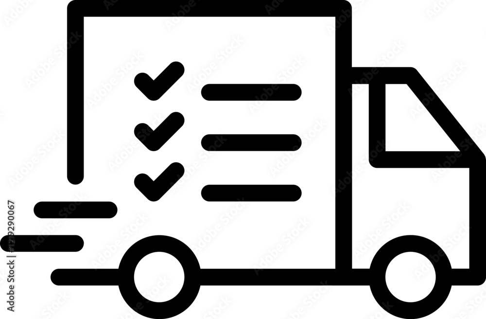 Black and white delivery icon featuring a box with a checklist symbol inside, loaded onto a delivery truck, representing efficient, reliable, and organized shipment services Black and white delivery icon featuring a box with a checklist symbol inside, loaded onto a delivery truck, representing efficient, reliable, and organized shipment services