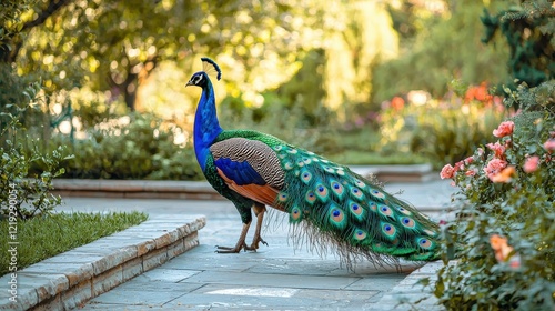 A beautiful peacock walking through a garden, with its colorful tail feathers spread out,