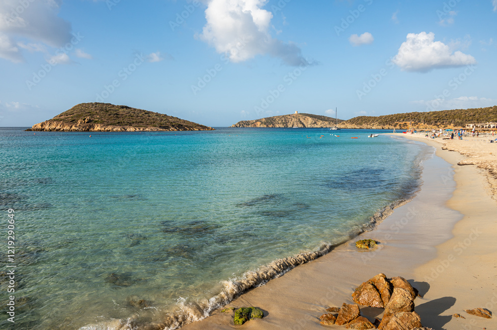 Aerial view of Tuerredda bay with the beach of fine sand and transparent blue and turquoise water