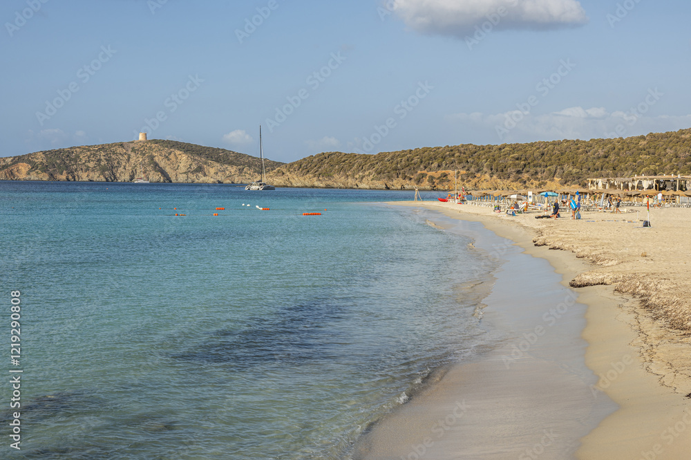 Aerial view of Tuerredda bay with the beach of fine sand and transparent blue and turquoise water