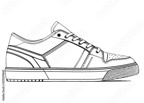 Shoes sneaker outline drawing vector, Sneakers drawn in a sketch style, black line sneaker trainers template outline, vector Illustration.snekar Drawn line art design.
