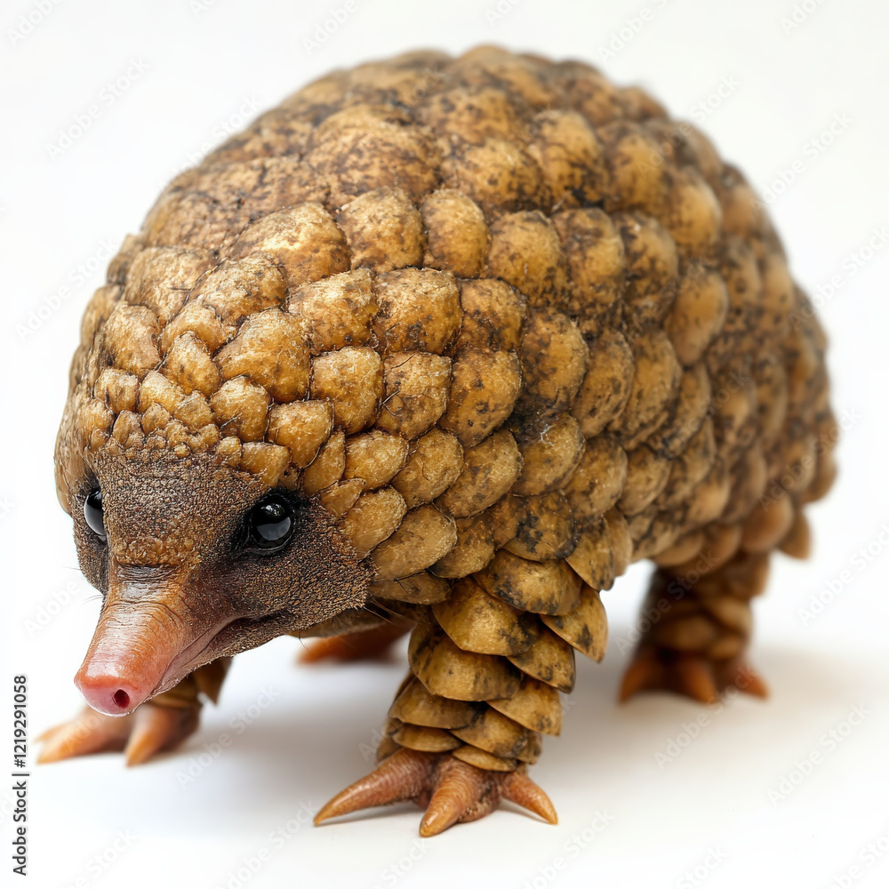 Scaly pangolin pup, close-up view. Scaly pangolin pup, close-up view.