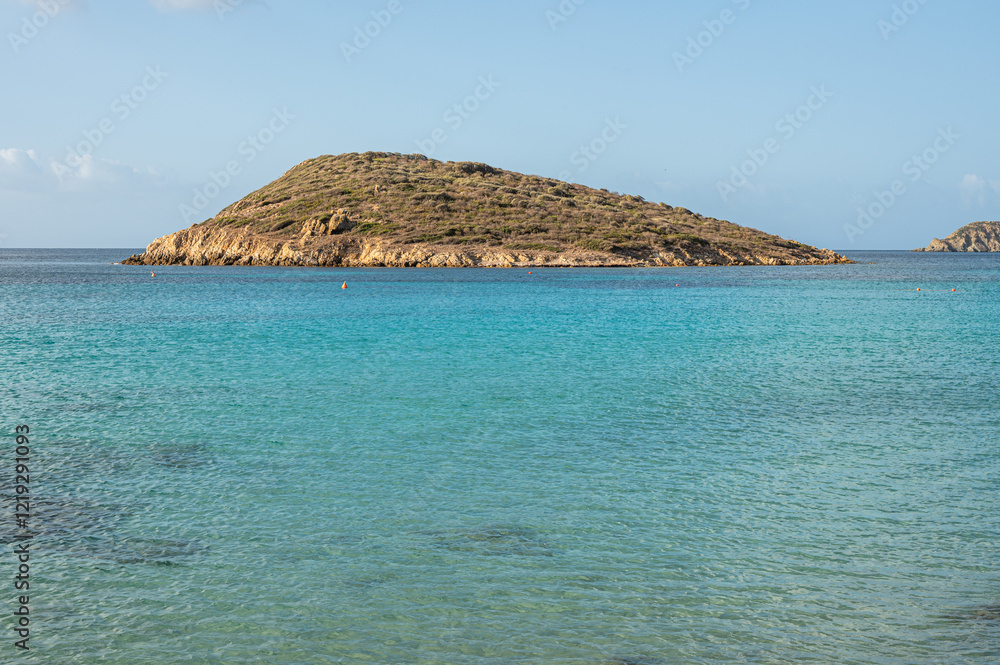 Aerial view of Tuerredda bay with the beach of fine sand and transparent blue and turquoise water