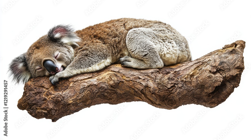 A sleepy koala curled up on a tree branch, with its eyes closed, on a white isolated background A sleepy koala curled up on a tree branch, with its eyes closed, on a white isolated background