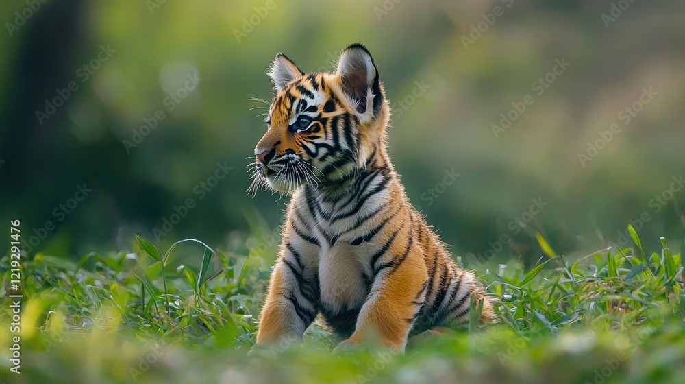 Fototapeta premium A baby tiger sitting in the grass, looking playful, with its golden fur contrasting with the green backdrop, on a white background