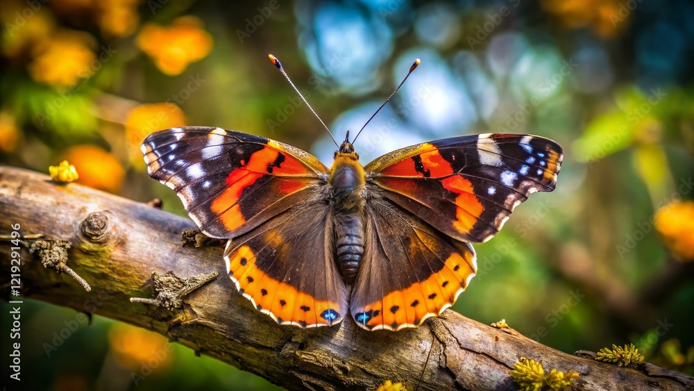 Naklejka premium Red Admiral Butterfly on Tree Branch - Nature Stock Photo