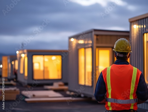 A lighting-focused image of a foreperson reviewing progress on a modular housing development at dusk. photo