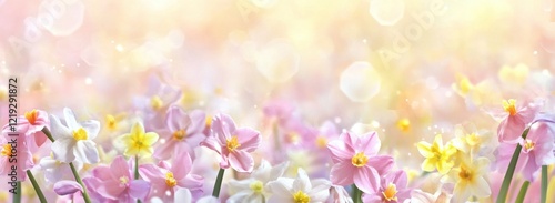 Colorful spring flowers background banner with copy space, in pastel colors of pink and purple, yellow and white, delicate and dreamy, depicting a floral field with detailed and soft-focus photo