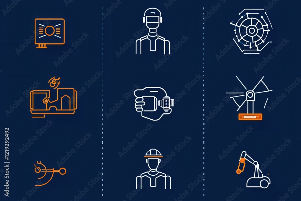 Icons representing industrial innovation, such as AI-driven robots, renewable energy, and advanced machinery Icons representing industrial innovation, such as AI-driven robots, renewable energy, and advanced machinery