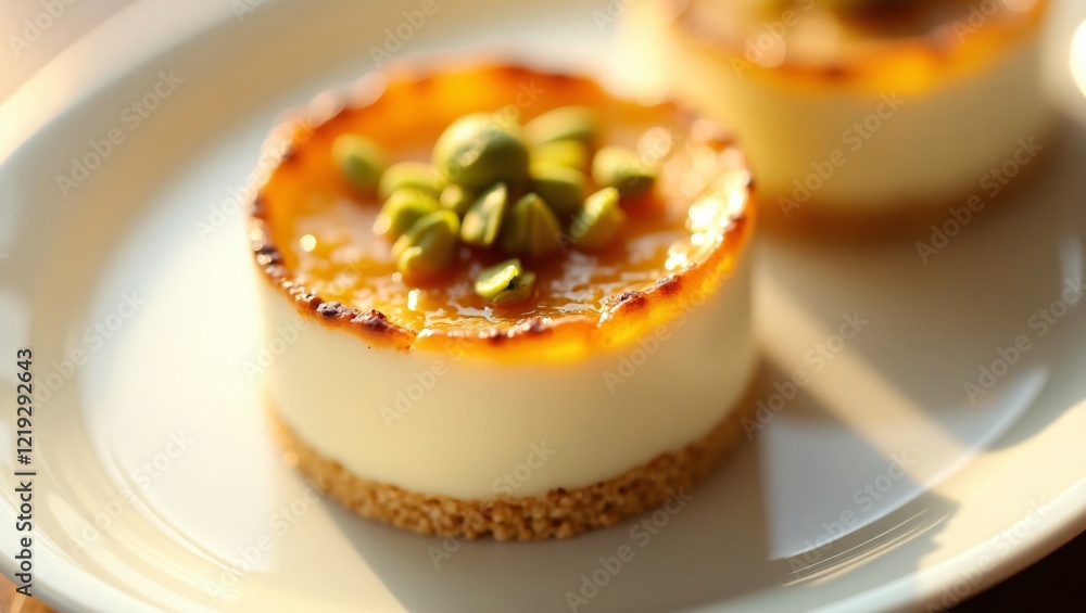 A warmly lit macro of vanilla custard topped with pistachios and caramelized sugar, set against a soft white background, highlighting its elegant textures and colors. A warmly lit macro of vanilla custard topped with pistachios and caramelized sugar, set against a soft white background, highlighting its elegant textures and colors.