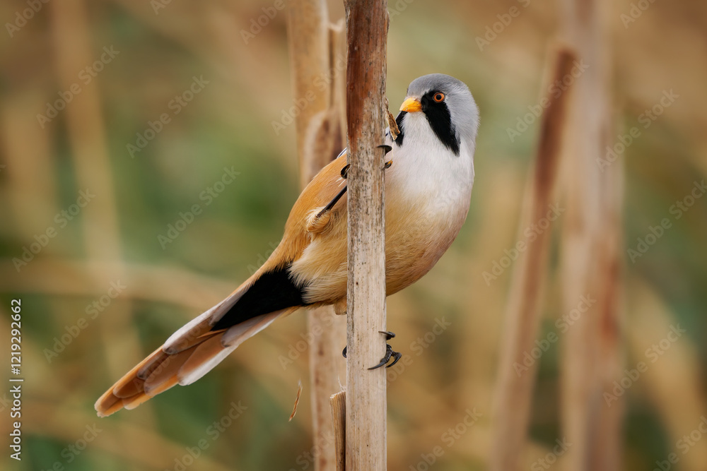 Obraz premium Bearded reedling - Panurus biarmicus beautiful long-tailed passerine bird found in reed beds near water in Eurasia, also Bearded tit or Bearded parrotbill, family Panuridae, feed on the reed