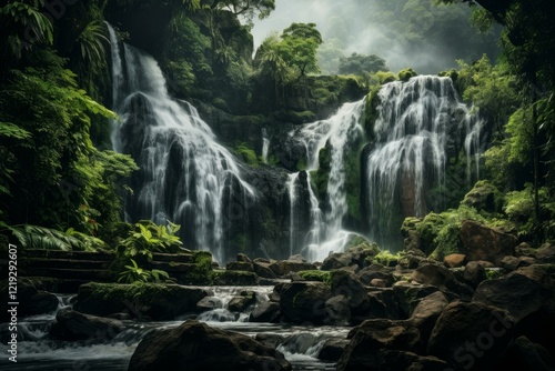 Stunning waterfall flowing over mossy rocks in a tropical rainforest, creating a tranquil and picturesque scene