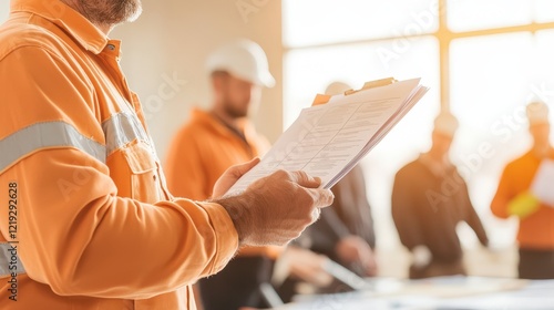 Industrial Hygiene and Workplace Safety Evaluation. Construction workers reviewing plans in a bright, collaborative environment.