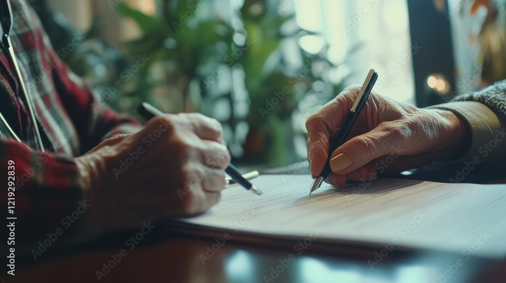 custom made wallpaper toronto digitalClose up shot of older senior female patient hands holding pen filling medical heath data form sitting at desk with family doctor in modern hospital clinic. Healthcare illness prevention concept.