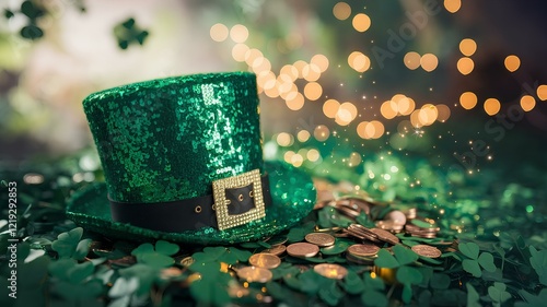 st patrick day,shamrocks and a leprechaun hat set against a backdrop of lush green clover hues, all set against a festive backdrop. Irish traditional spring holiday.