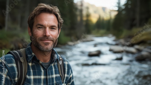A mid-adult man looking at the camera while standing near a stream in Canada, reflecting confidence and freedom.