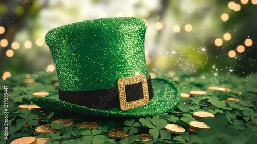 st patrick day,shamrocks and a leprechaun hat set against a backdrop of lush green clover hues, all set against a festive backdrop. Irish traditional spring holiday.