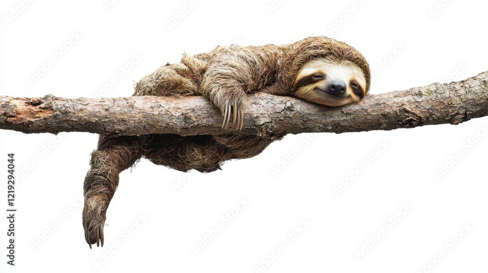 Obraz premium A baby sloth hanging lazily from a tree branch, with its sleepy face visible, on a white isolated background