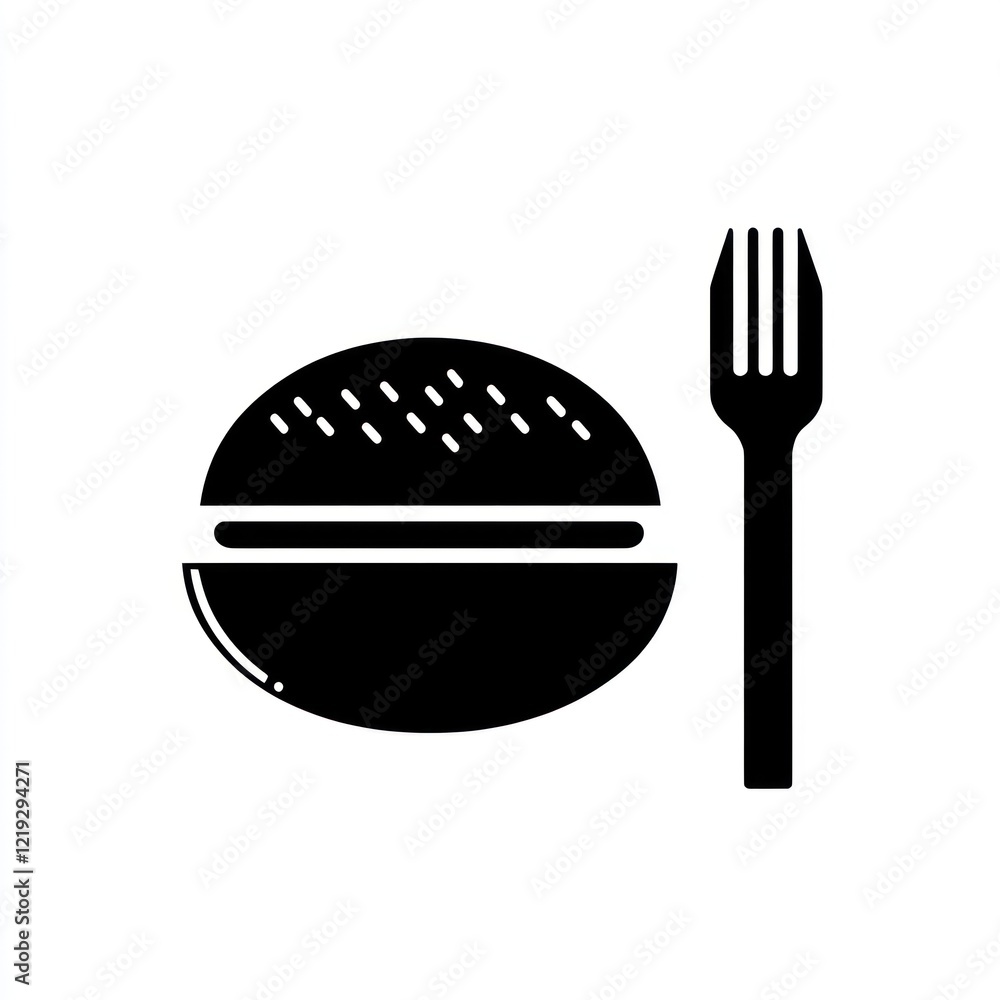 Isolated black and white burger and fork illustration, simple flat lay graphic element
