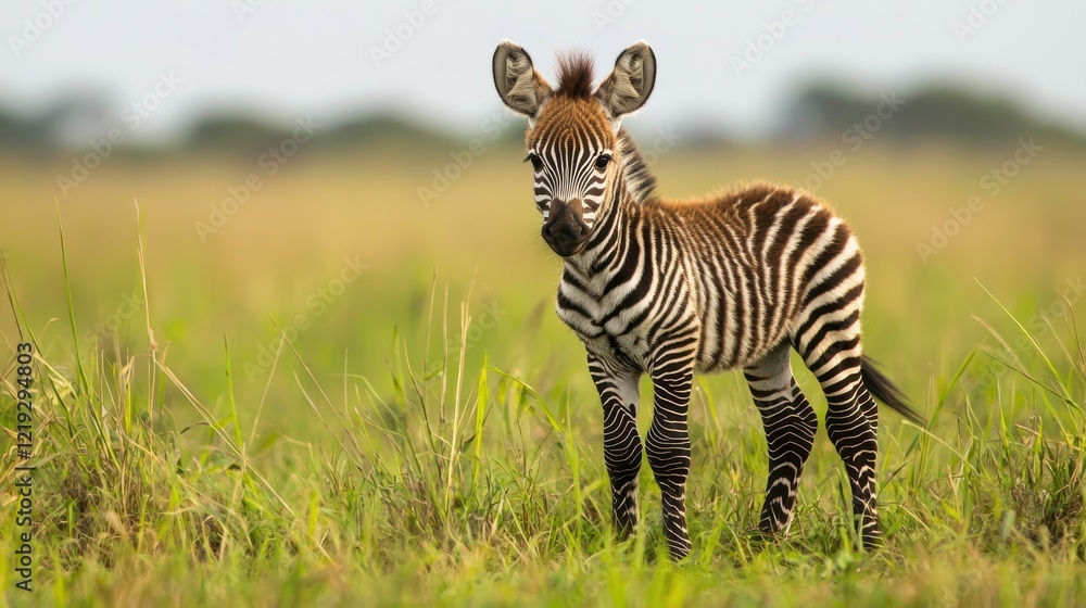 A baby zebra standing on a grassy plain, with its black and white stripes contrasting with the green grass A baby zebra standing on a grassy plain, with its black and white stripes contrasting with the green grass