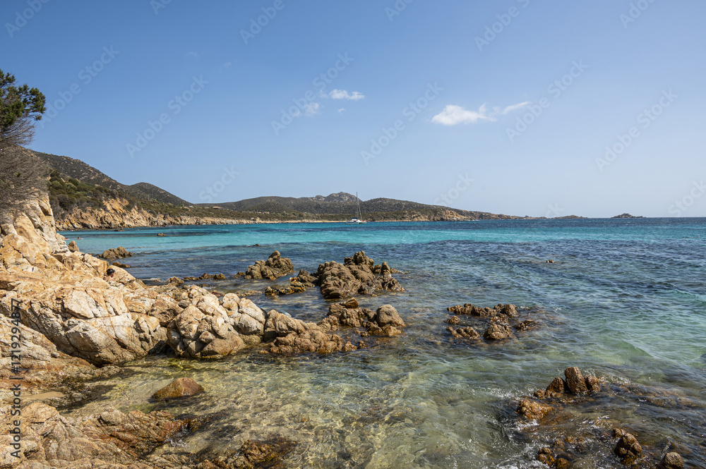 Aerial view of Tuerredda bay with the beach of fine sand and transparent blue and turquoise water