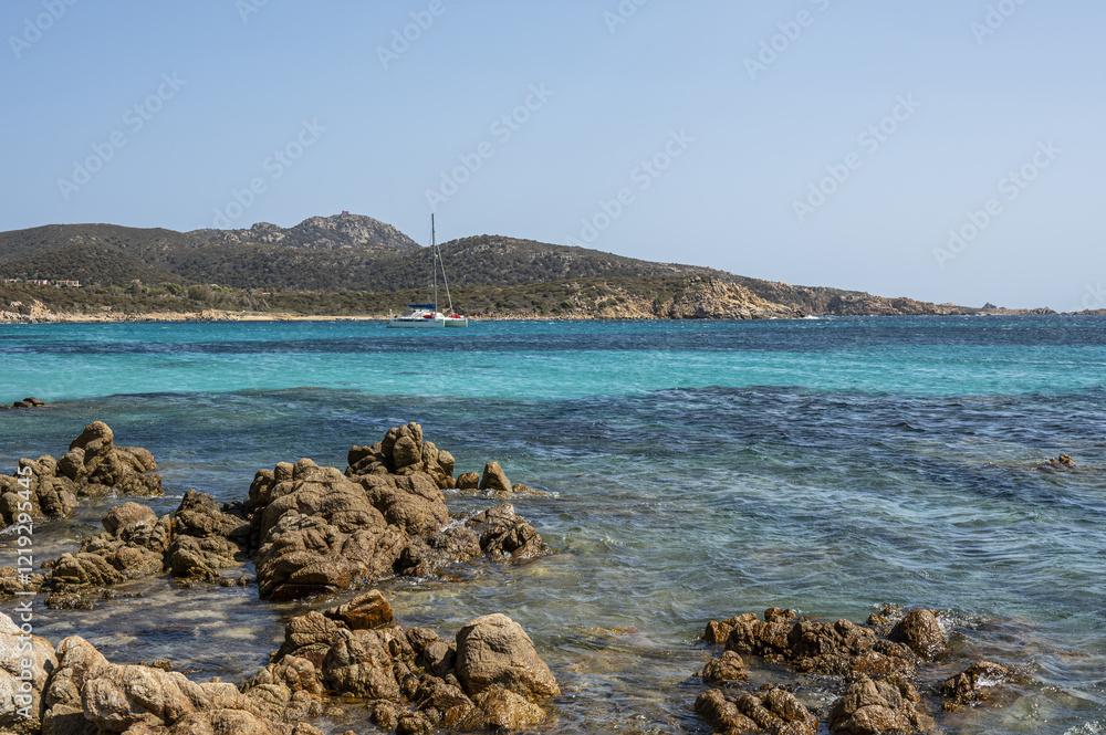 Aerial view of Tuerredda bay with the beach of fine sand and transparent blue and turquoise water