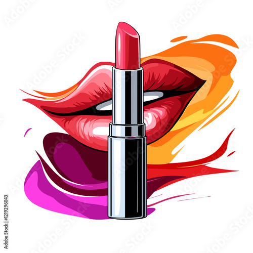 Stylized Lipstick in Silver and Red with Vibrant Paint Splash Background