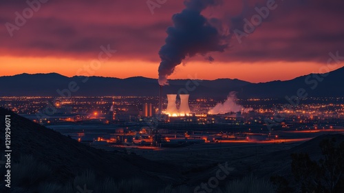 A nuclear power station glowing softly under twilight, with steam rising from cooling towers surrounded by nature. photo